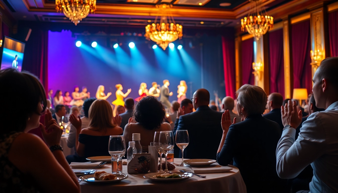 Experience lively las vegas dinner theater with diners enjoying a captivating performance.