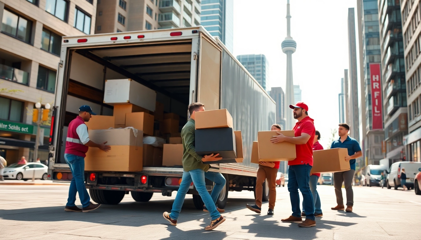 Movers Toronto team efficiently loading furniture into a truck against the city skyline.