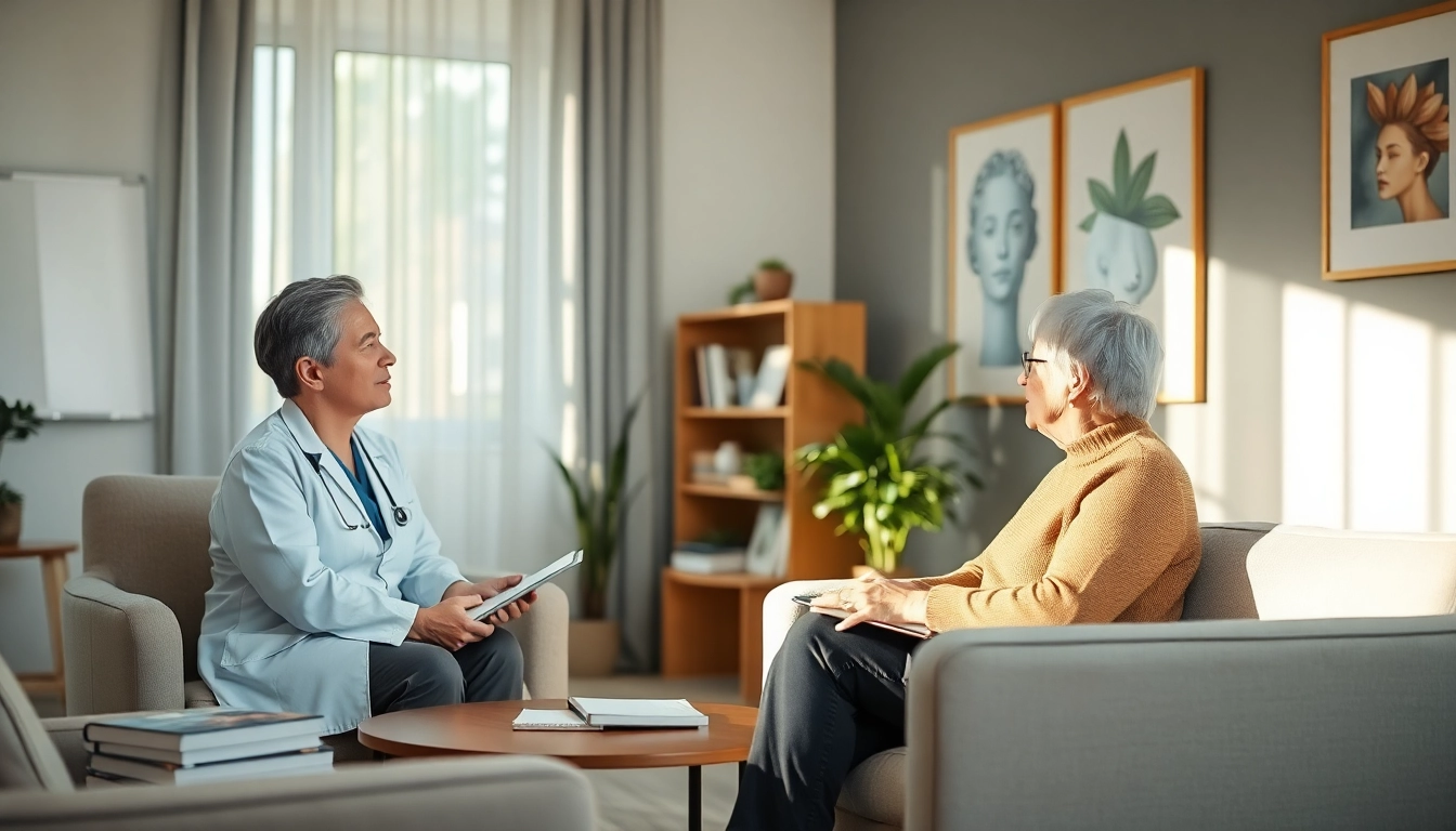 Psychiatrist consulting with a patient in a calming office environment for mental health.