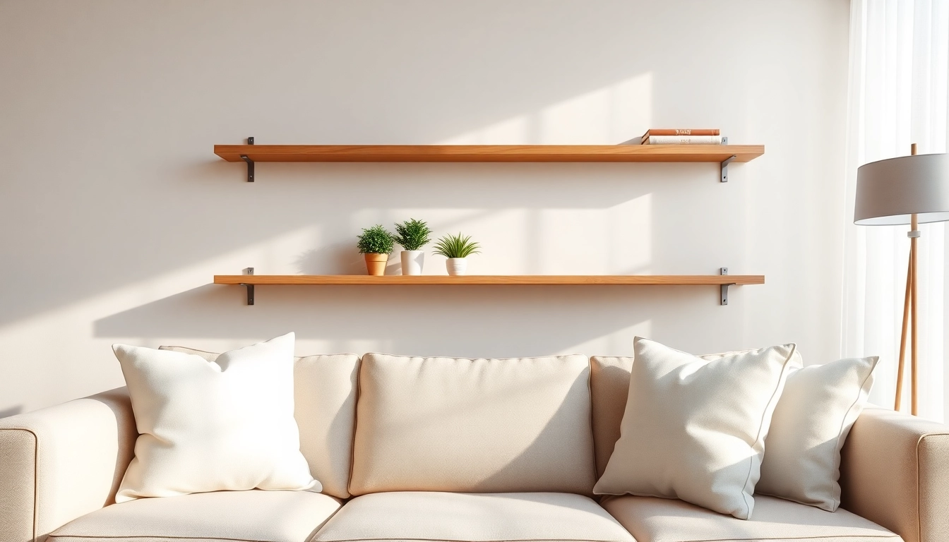 Stylish minimalist wall rack in a modern living room showcasing wooden design and plant decor.
