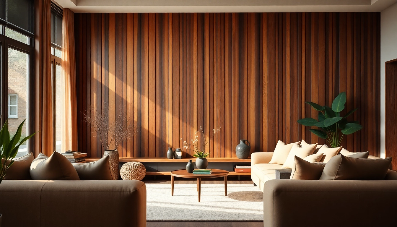 Enhance your space with a wood feature wall, showcasing elegant wooden slats in a modern setting.