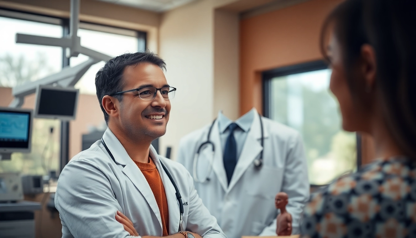 Dr. Parker consulting with a patient in a modern clinic environment, highlighting professionalism and care.