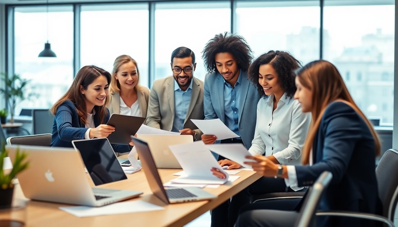 Engaged team members of Quickplus Business Consultants collaborate in a modern office setting.